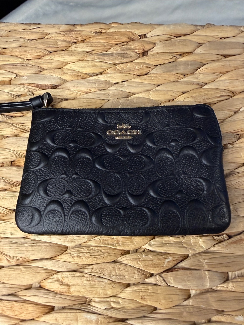 Coach Black Signature Debossed Leather Small Wristlet – Gold Hardware